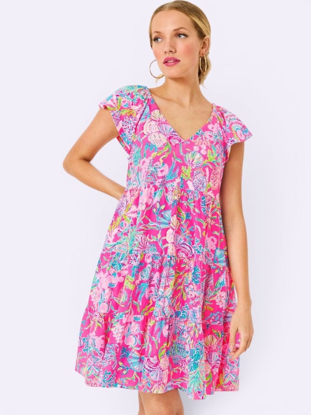 Lilly Pulitzer Women's KAWAI Flutter Sleeve Dress Shell Me Something Good XL New